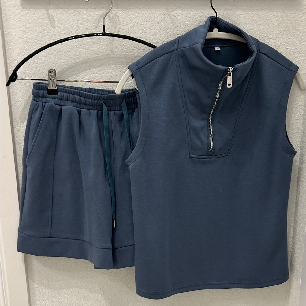 Sleeveless Half-Zip Mock Neck Top with Matching Shorts - Soft grey/blue
